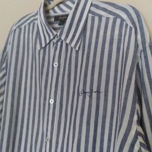 Sean Jean Linen ButtonUp Dress Shirt Nautical Blue White Striped Mens  XXL‎